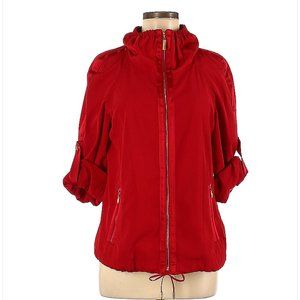 St. John red outerwear jacket satin accents gold zip roll up sleeve drawstring P